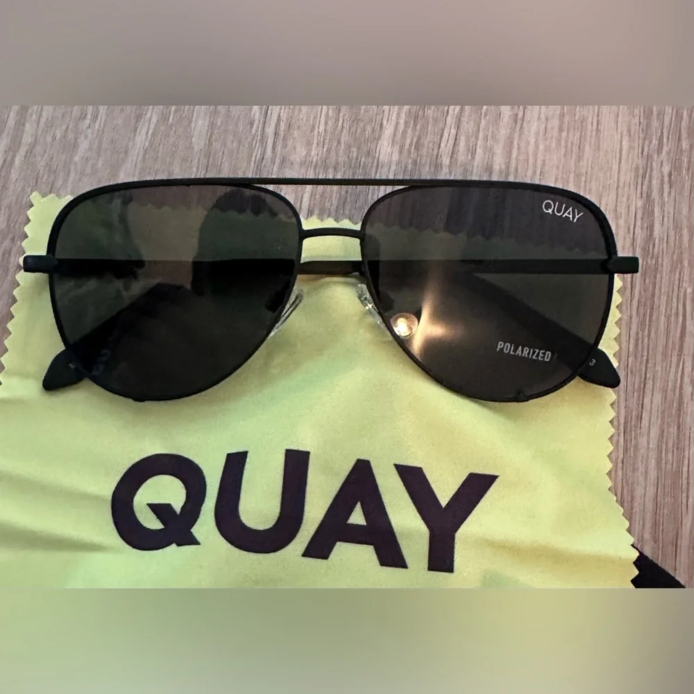 Quay Australia Black Aviator Sunglasses with Dark Green Lenses